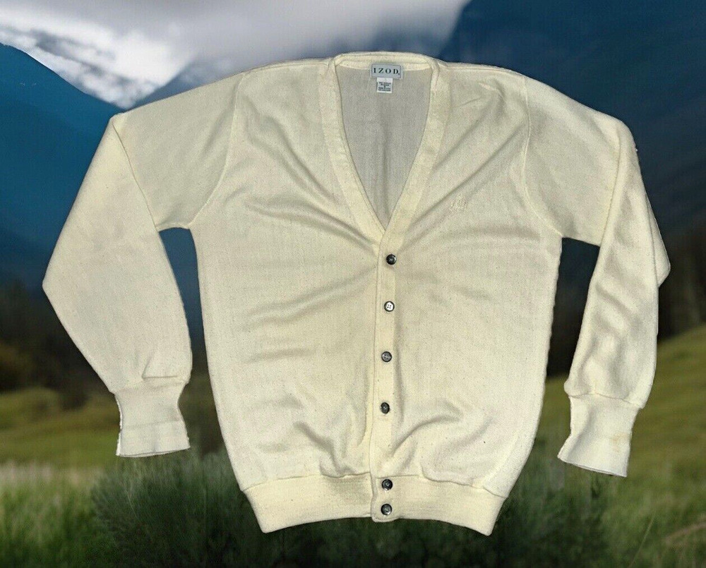 VTG 80s Izod Cardigan Sweater Cream Color *MR. ROGERS* Grunge GRANDPA Mens Small